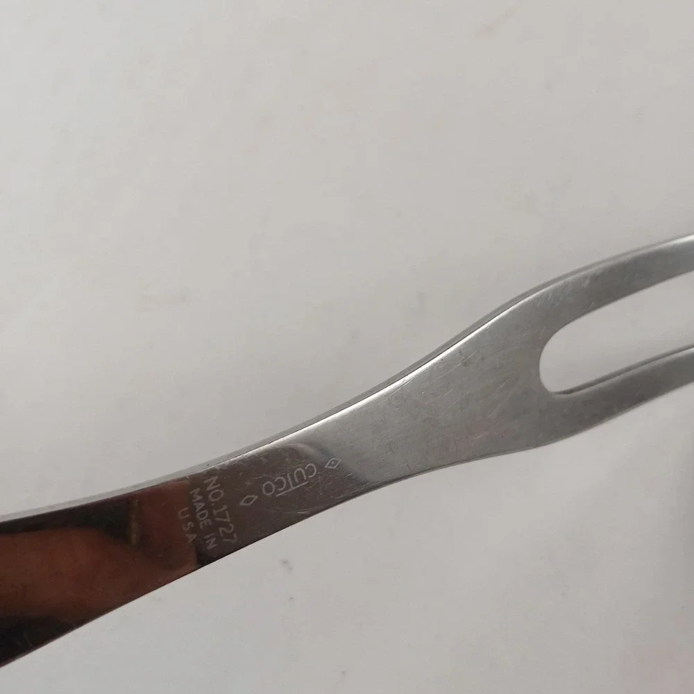 CUTCO Carving Meat Fork Two Tines Orange Brown Swirl Plastic Handle Vintage